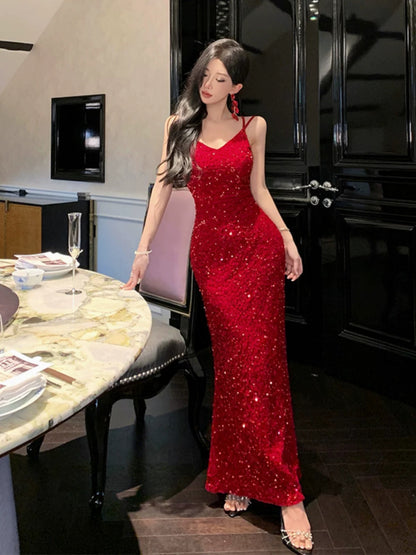 Sparkly Mermaid Spaghetti Strap Red Sequin Cruise Ship Formal Night Evening Dresses 18th Birthday Outfit RB5594