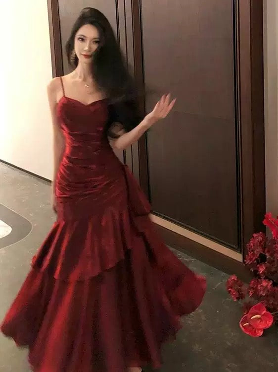 Modest Mermaid Spaghetti Strap Burgundy Wine Red Cruise Ship Formal Night Evening Dresses 22th Long Birthday Outfits RB5595