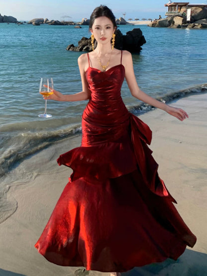 Modest Mermaid Spaghetti Strap Burgundy Wine Red Cruise Ship Formal Night Evening Dresses 22th Long Birthday Outfits RB5595