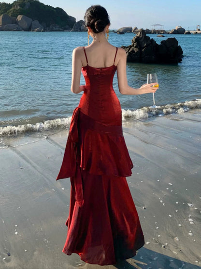Modest Mermaid Spaghetti Strap Burgundy Wine Red Cruise Ship Formal Night Evening Dresses 22th Long Birthday Outfits RB5595