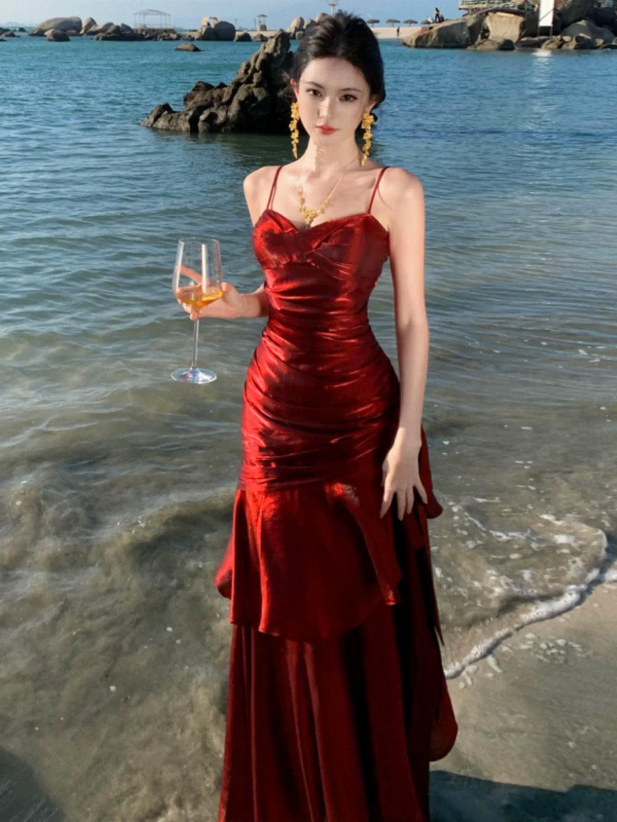 Modest Mermaid Spaghetti Strap Burgundy Wine Red Cruise Ship Formal Night Evening Dresses 22th Long Birthday Outfits RB5595