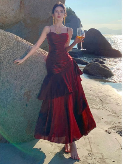 Modest Mermaid Spaghetti Strap Burgundy Wine Red Cruise Ship Formal Night Evening Dresses 22th Long Birthday Outfits RB5595