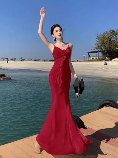 Modest Mermaid Spaghetti Strap Chiffon Red Cruise Ship Formal Night Evening Dresses 22th Long Birthday Outfits RB5596