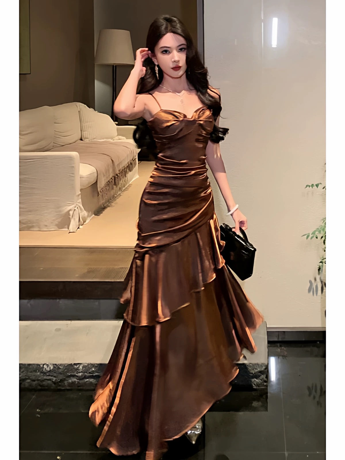 Modest Mermaid Spaghetti Strap Brown Long Cruise Ship Formal Night Evening Dresses 22th Birthday Outfits RB5597