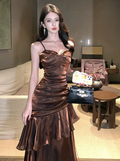Modest Mermaid Spaghetti Strap Brown Long Cruise Ship Formal Night Evening Dresses 22th Birthday Outfits RB5597