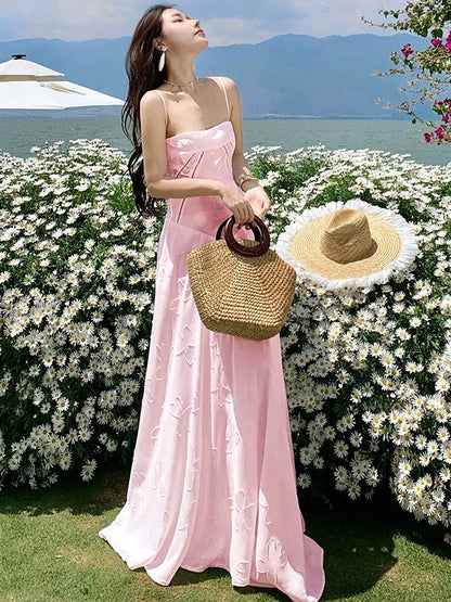 Modest A line Spaghetti Strap Pink Lace Long Cruise Ship Formal Night Evening Dresses 18th Birthday Outfits RB5599