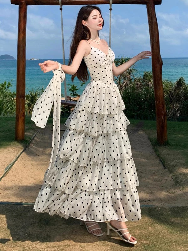 Modest A line Spaghetti Strap Black Polka Dots Long Cruise Ship Formal Night Evening Dresses 18th Birthday Outfits RB5600