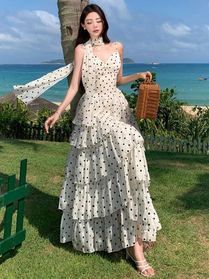 Modest A line Spaghetti Strap Black Polka Dots Long Cruise Ship Formal Night Evening Dresses 18th Birthday Outfits RB5600