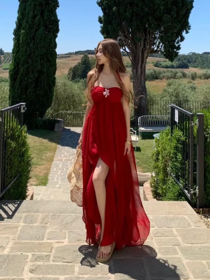 Modest A line Halter Red Chiffon Sleeveless Long Cruise Ship Formal Night Evening Dresses 18th Birthday Outfits RB5601