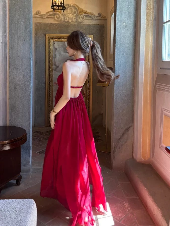 Modest A line Halter Red Chiffon Sleeveless Long Cruise Ship Formal Night Evening Dresses 18th Birthday Outfits RB5601