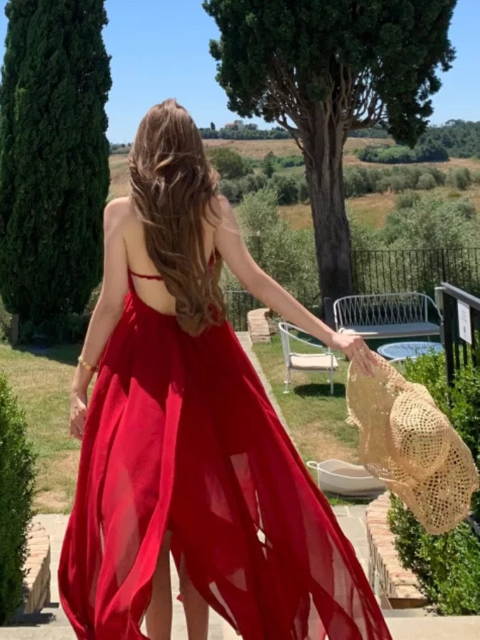 Modest A line Halter Red Chiffon Sleeveless Long Cruise Ship Formal Night Evening Dresses 18th Birthday Outfits RB5601