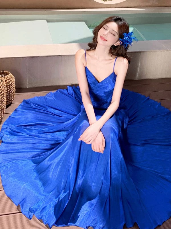 Robe de sirène à bretelles spaghetti bleu roi, longueur cheville, tenue élégante pour 21e anniversaire, robes d'invitée de mariage d'été N4028