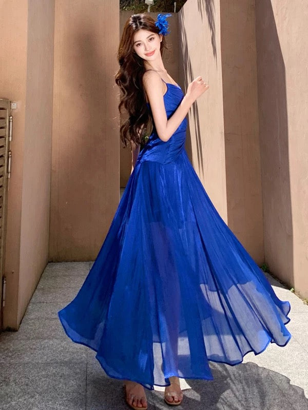 Robe de sirène à bretelles spaghetti bleu roi, longueur cheville, tenue élégante pour 21e anniversaire, robes d'invitée de mariage d'été N4028