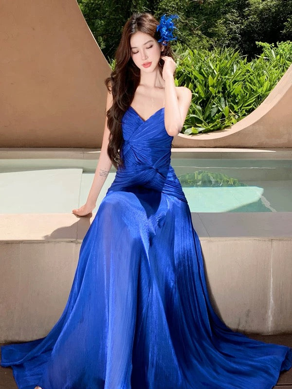 Robe de sirène à bretelles spaghetti bleu roi, longueur cheville, tenue élégante pour 21e anniversaire, robes d'invitée de mariage d'été N4028