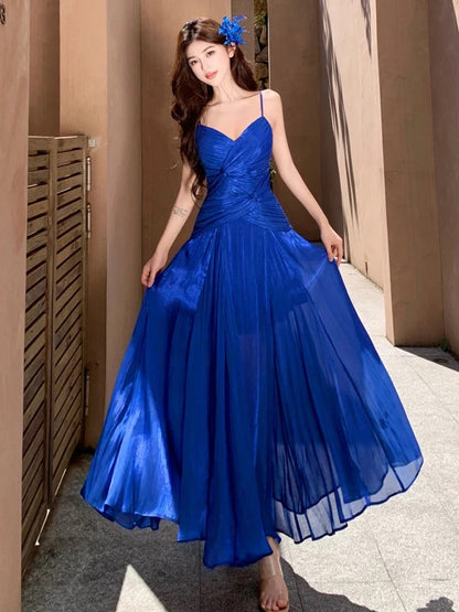 Robe de sirène à bretelles spaghetti bleu roi, longueur cheville, tenue élégante pour 21e anniversaire, robes d'invitée de mariage d'été N4028
