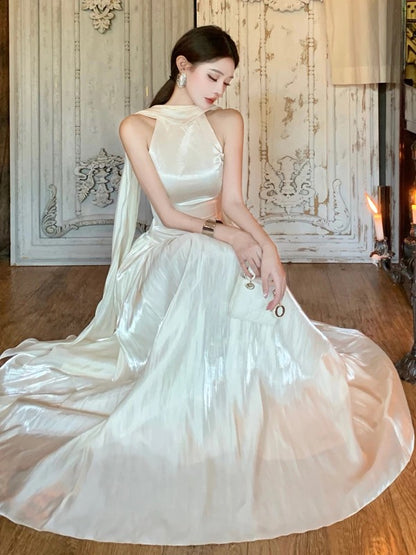 Modest A line High Neck Ivory With Scarf Chiffon Sleeveless Long Cruise Ship Formal Night Evening Dresses 18th Birthday Outfits RB5603