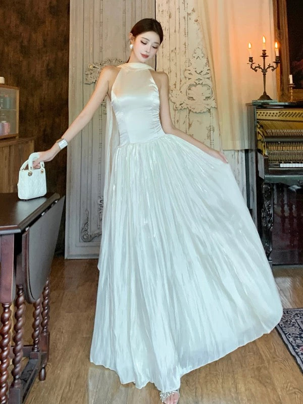 Modest A line High Neck Ivory With Scarf Chiffon Sleeveless Long Cruise Ship Formal Night Evening Dresses 18th Birthday Outfits RB5603
