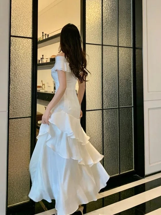 Modest Mermaid Off The Shoulder White With Ruffled Chiffon Long Cruise Ship Formal Night Evening Dresses 18th Birthday Outfits RB5604