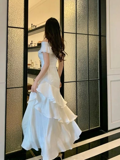 Modest Mermaid Off The Shoulder White With Ruffled Chiffon Long Cruise Ship Formal Night Evening Dresses 18th Birthday Outfits RB5604