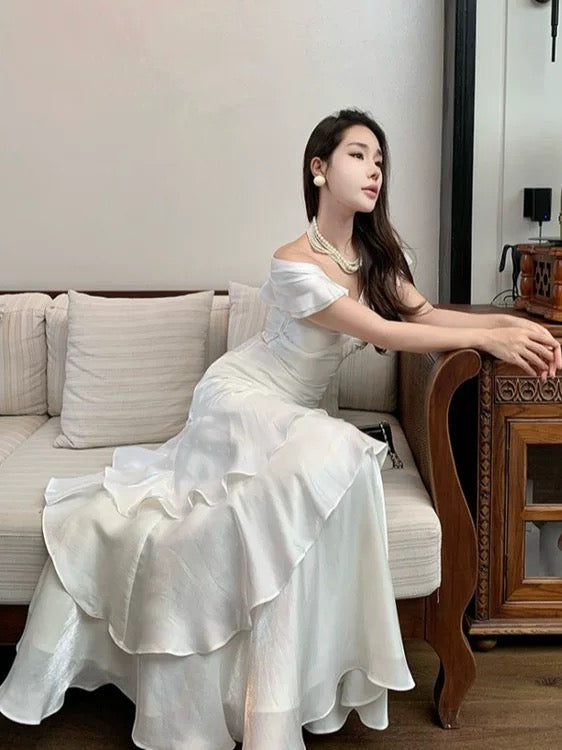 Modest Mermaid Off The Shoulder White With Ruffled Chiffon Long Cruise Ship Formal Night Evening Dresses 18th Birthday Outfits RB5604