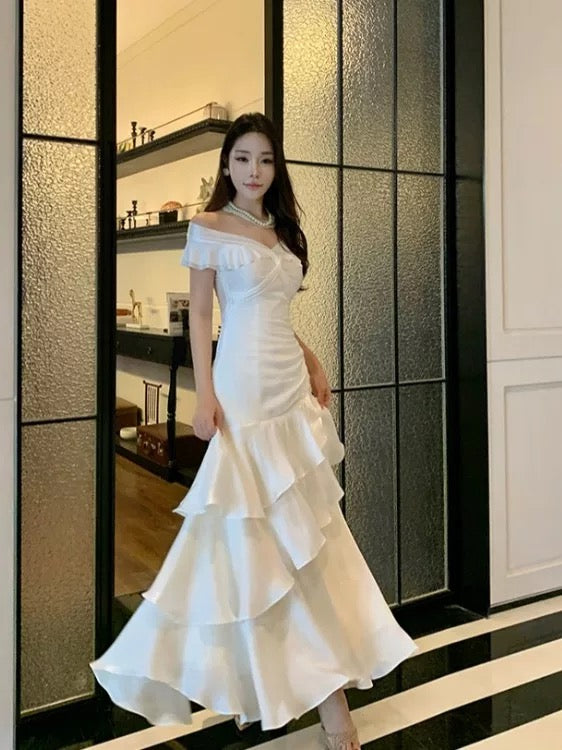 Modest Mermaid Off The Shoulder White With Ruffled Chiffon Long Cruise Ship Formal Night Evening Dresses 18th Birthday Outfits RB5604