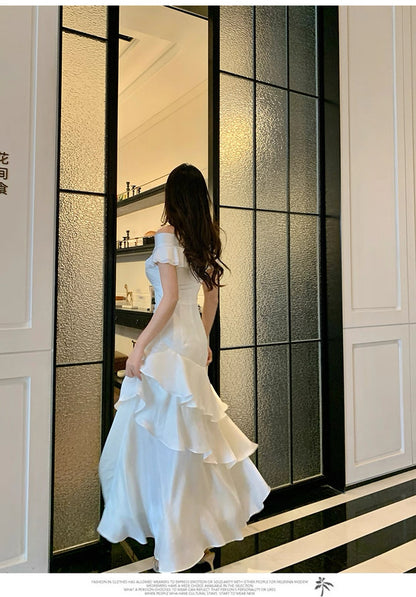 Modest Mermaid Off The Shoulder White With Ruffled Chiffon Long Cruise Ship Formal Night Evening Dresses 18th Birthday Outfits RB5604