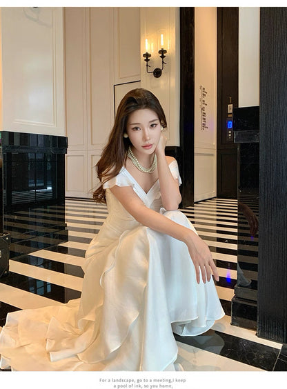 Modest Mermaid Off The Shoulder White With Ruffled Chiffon Long Cruise Ship Formal Night Evening Dresses 18th Birthday Outfits RB5604