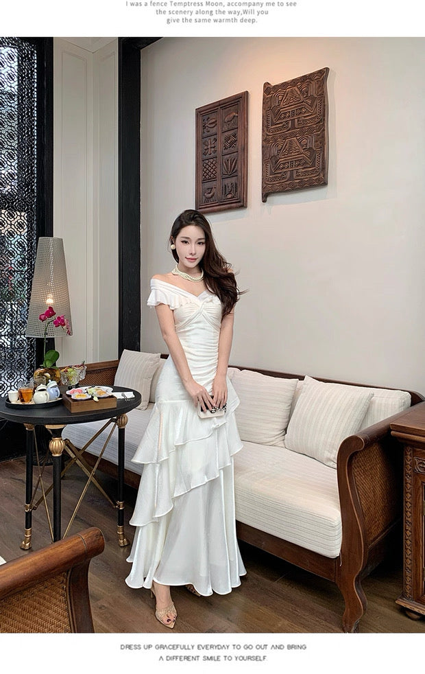 Modest Mermaid Off The Shoulder White With Ruffled Chiffon Long Cruise Ship Formal Night Evening Dresses 18th Birthday Outfits RB5604