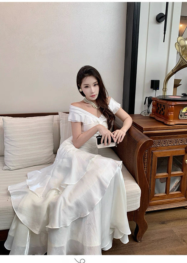 Modest Mermaid Off The Shoulder White With Ruffled Chiffon Long Cruise Ship Formal Night Evening Dresses 18th Birthday Outfits RB5604