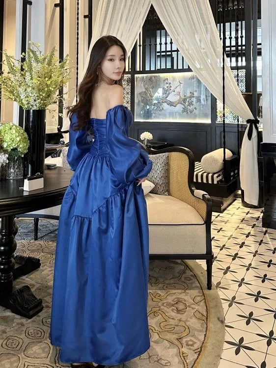 Modest A line Sweetheart Royal Blue Satin Long Date Night Outfits Semi Formal Prom Wedding Guest Dresses RB5383