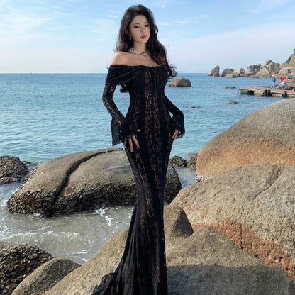Meerjungfrau Carmen-Ausschnitt Weinrot Spitze Langarm Abschlussballkleid 21. Geburtstag Elegantes Outfit Sommer Hochzeitsgastkleider N4072