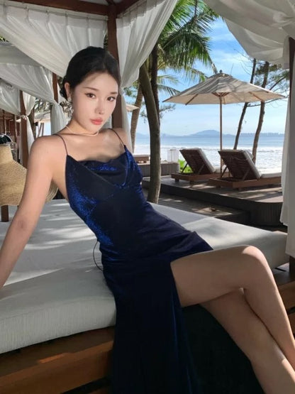 Modest Mermaid Spaghetti Strap Navy Blue Sequin With Slit Long Date Night Outfits Semi Formal Prom Wedding Guest Dresses RB5385