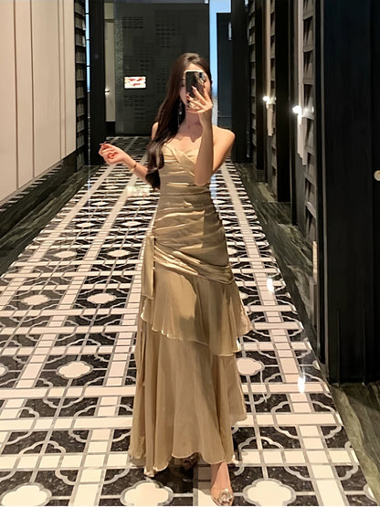 Sexy Mermaid Spaghetti Strap Gold With Ruffled Date Night Outfits Long Formal Evening Wedding Guest Dresses RB5389