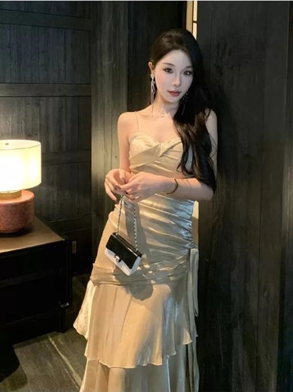 Sexy Mermaid Spaghetti Strap Gold With Ruffled Date Night Outfits Long Formal Evening Wedding Guest Dresses RB5389