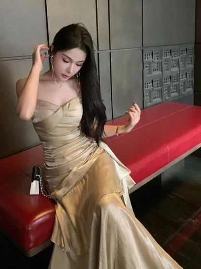 Sexy Mermaid Spaghetti Strap Gold With Ruffled Date Night Outfits Long Formal Evening Wedding Guest Dresses RB5389