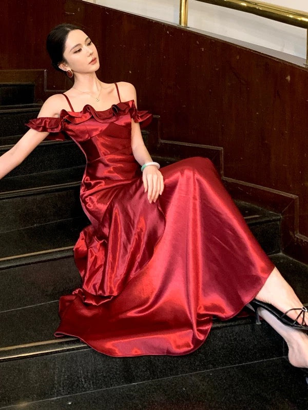 Elegante Meerjungfrau Spaghettiträger Burgunder Abschlussball Frühlings Sommer Strand Festliche Hochzeits Gastkleider N3951