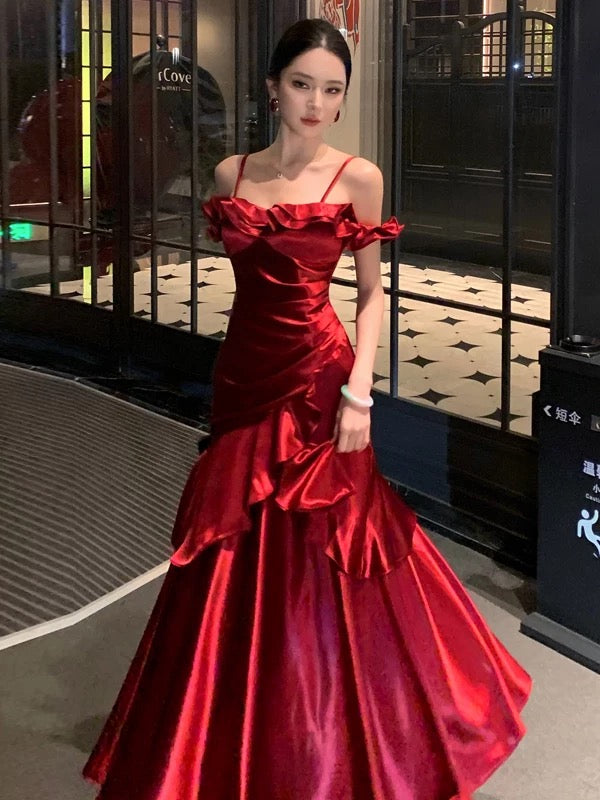 Elegante Meerjungfrau Spaghettiträger Burgunder Abschlussball Frühlings Sommer Strand Festliche Hochzeits Gastkleider N3951