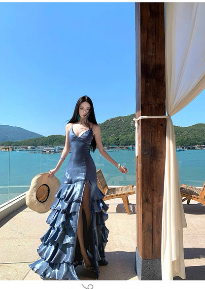 Modest Mermaid Spaghetti Strap Navy Blue Ruffled With Slit Long Birthday Outfits Backless Formal Prom Wedding Guest Dresses RB5390