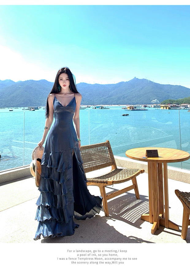 Modest Mermaid Spaghetti Strap Navy Blue Ruffled With Slit Long Birthday Outfits Backless Formal Prom Wedding Guest Dresses RB5390