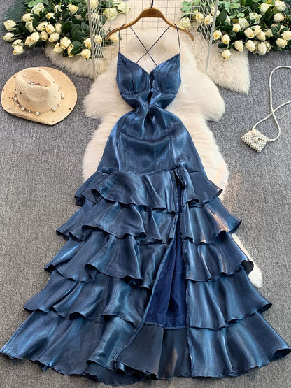 Simple Mermaid Spaghetti Strap Navy Blue Ruffled With Slit Long Birthday Outfits Backless Formal Gown Wedding Guest Dresses RB5391