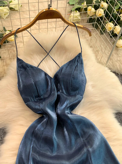 Simple Mermaid Spaghetti Strap Navy Blue Ruffled With Slit Long Birthday Outfits Backless Formal Gown Wedding Guest Dresses RB5391