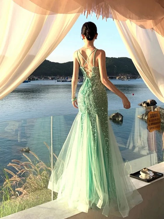 Sexy Mermaid Spaghetti Strap Mint Green Sequin With Ruffled Long Birthday Outfits Backless Formal Gown Wedding Guest Dresses RB5392