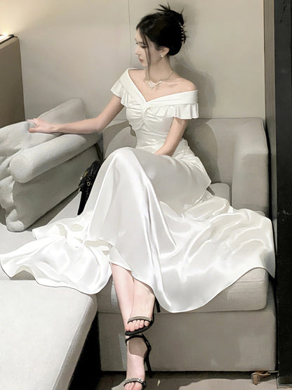 French Style Mermaid Off The Shoulder White Date With Ruffled Night Evening Outfit Formal Prom Dresses RB5401