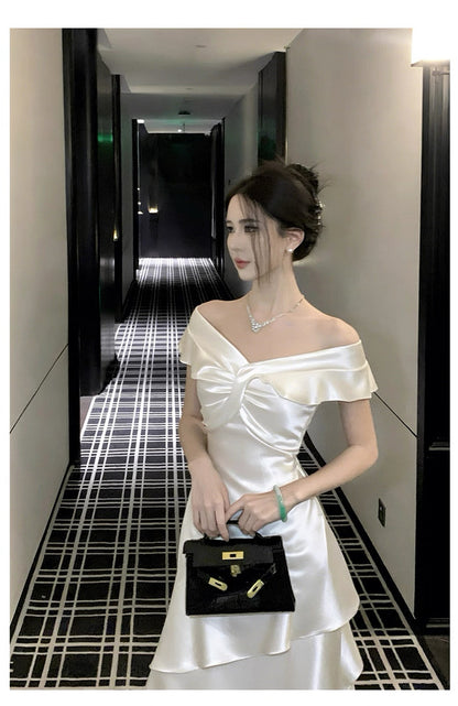 French Style Mermaid Off The Shoulder White Date With Ruffled Night Evening Outfit Formal Prom Dresses RB5401