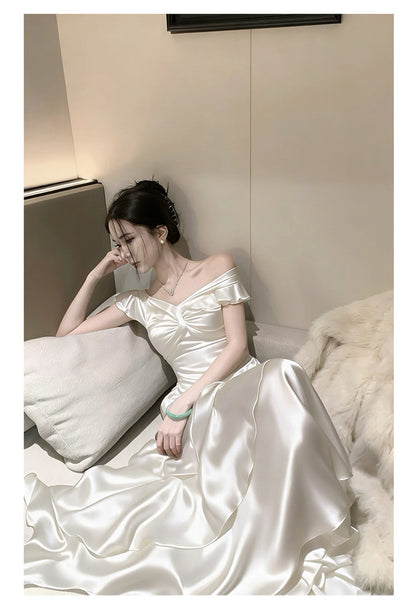 French Style Mermaid Off The Shoulder White Date With Ruffled Night Evening Outfit Formal Prom Dresses RB5401