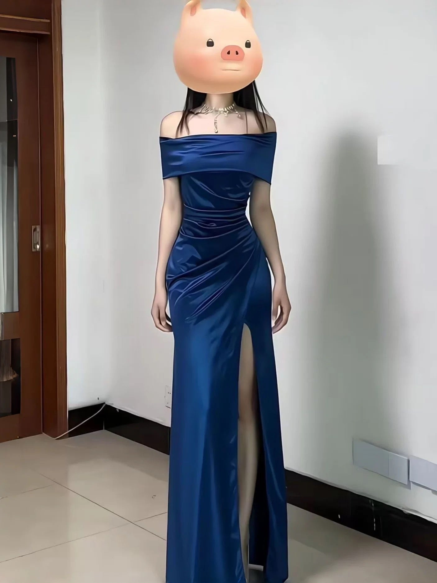 French Style Mermaid Off The Shoulder Navy Blue Date With Slit Night Evening Outfit Formal Prom Dresses RB5405