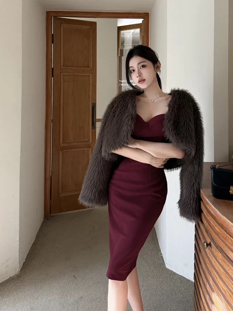 French Style Sheath Sweetheart Burgundy Date Midi Length Night Evening Outfit Formal Prom Dresses RB5406