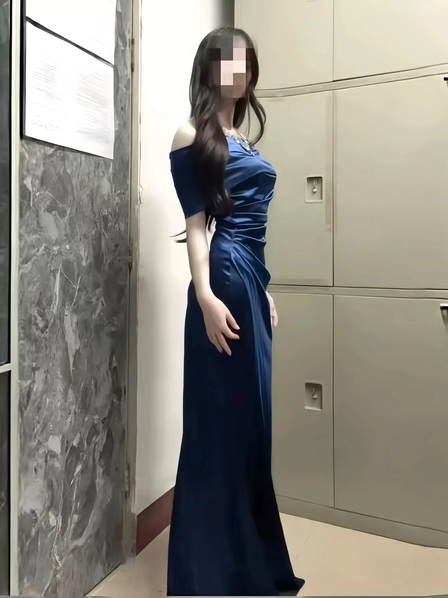 Sexy Mermaid Off The Shoulder Navy Blue Date With Slit Night Evening Outfit Formal Prom Dresses RB5407