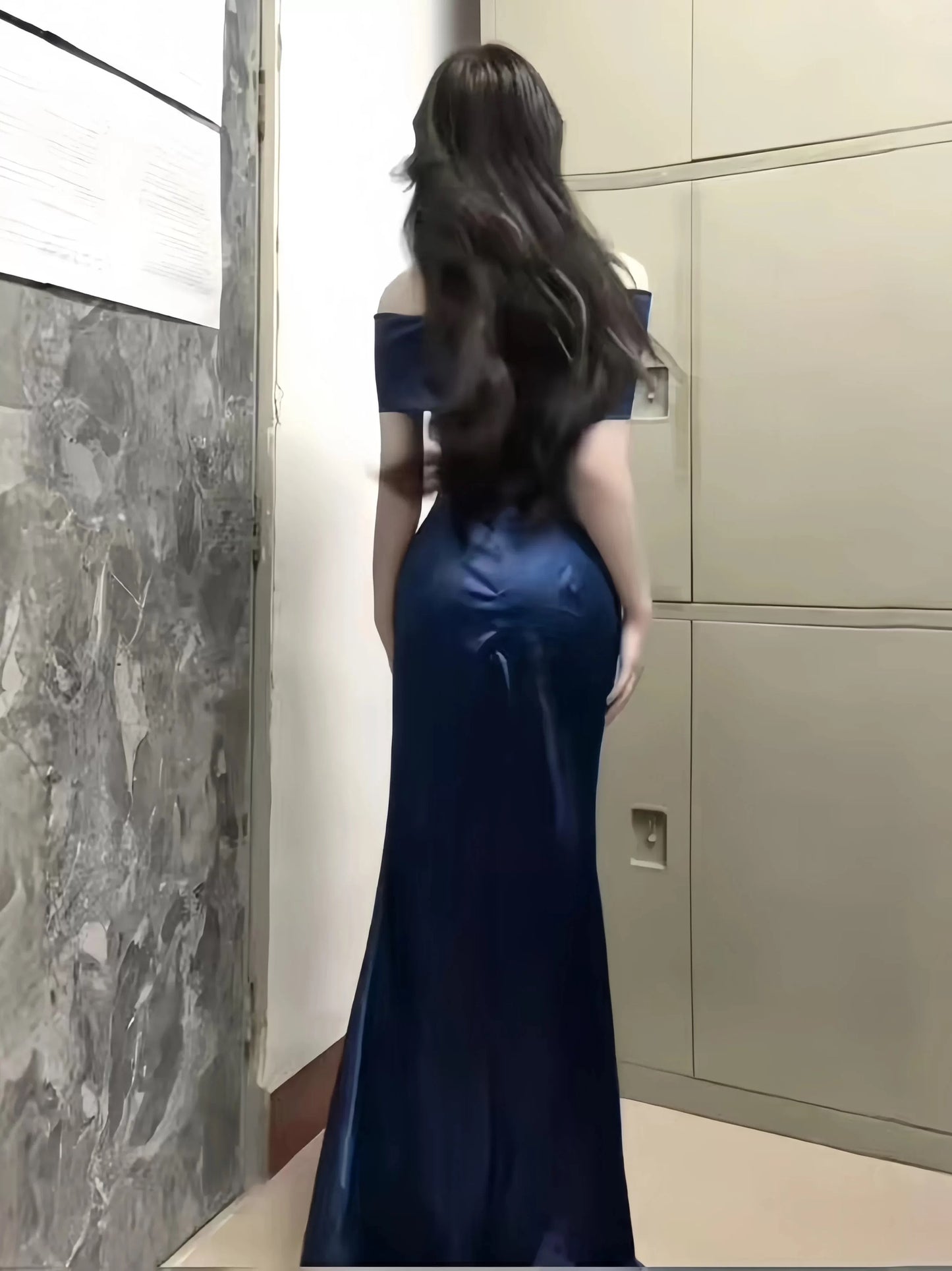 Sexy Mermaid Off The Shoulder Navy Blue Date With Slit Night Evening Outfit Formal Prom Dresses RB5407