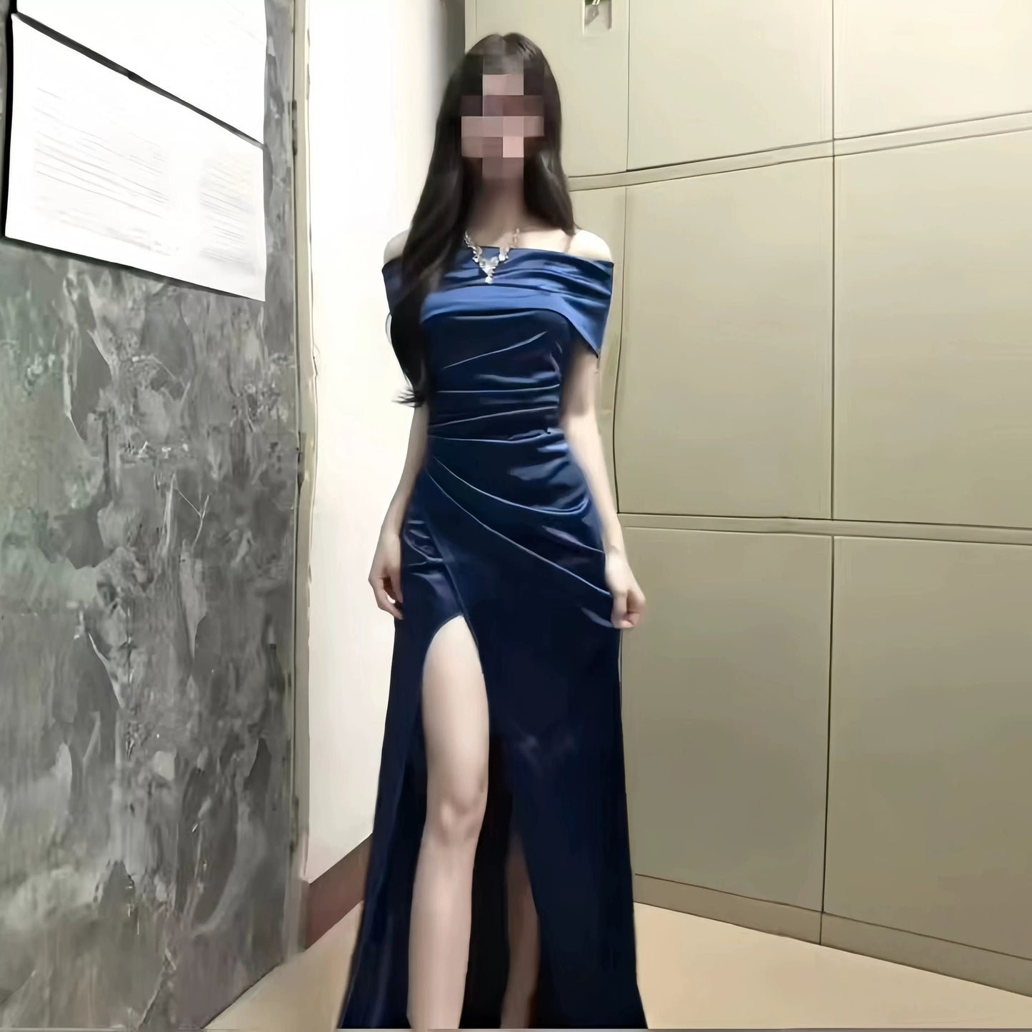 Sexy Mermaid Off The Shoulder Navy Blue Date With Slit Night Evening Outfit Formal Prom Dresses RB5407